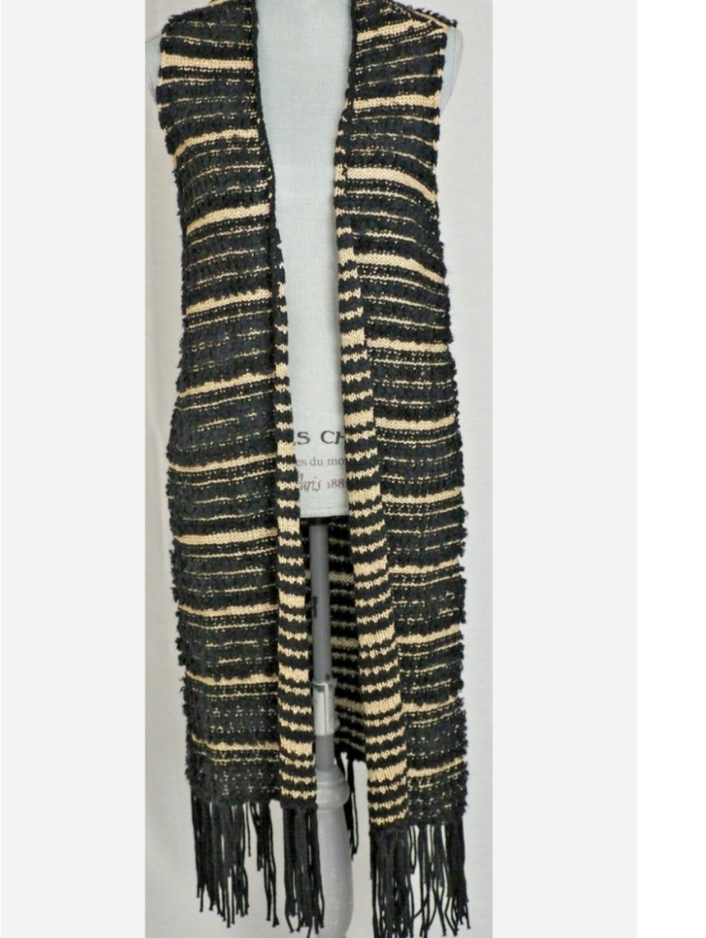Rxb Black and Gold Striped Fringed Knit Scarf